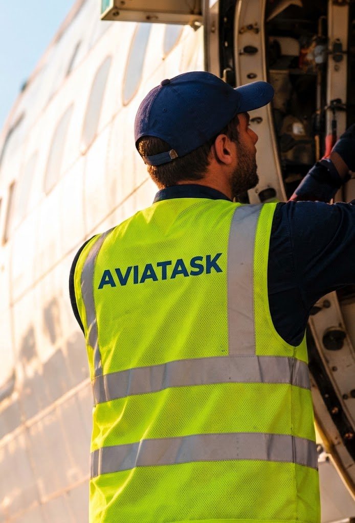 AviaTask technician in a high-visibility vest working at an open aircraft door during line maintenance