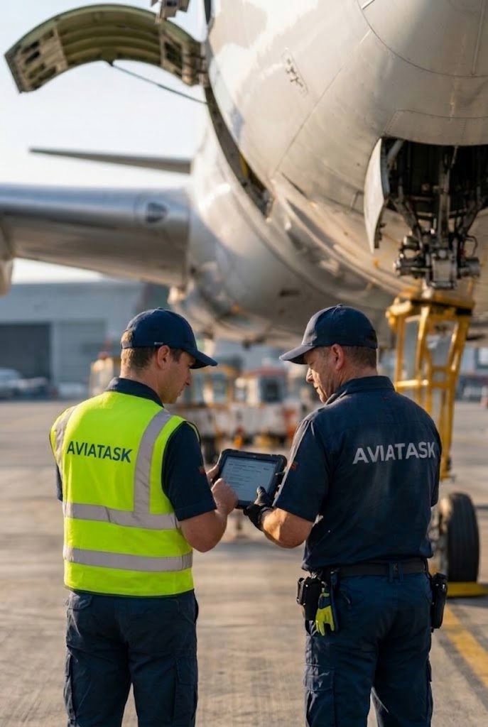 Two AviaTask line maintenance technicians reviewing a task on a rugged tablet next to an aircraft at the apron